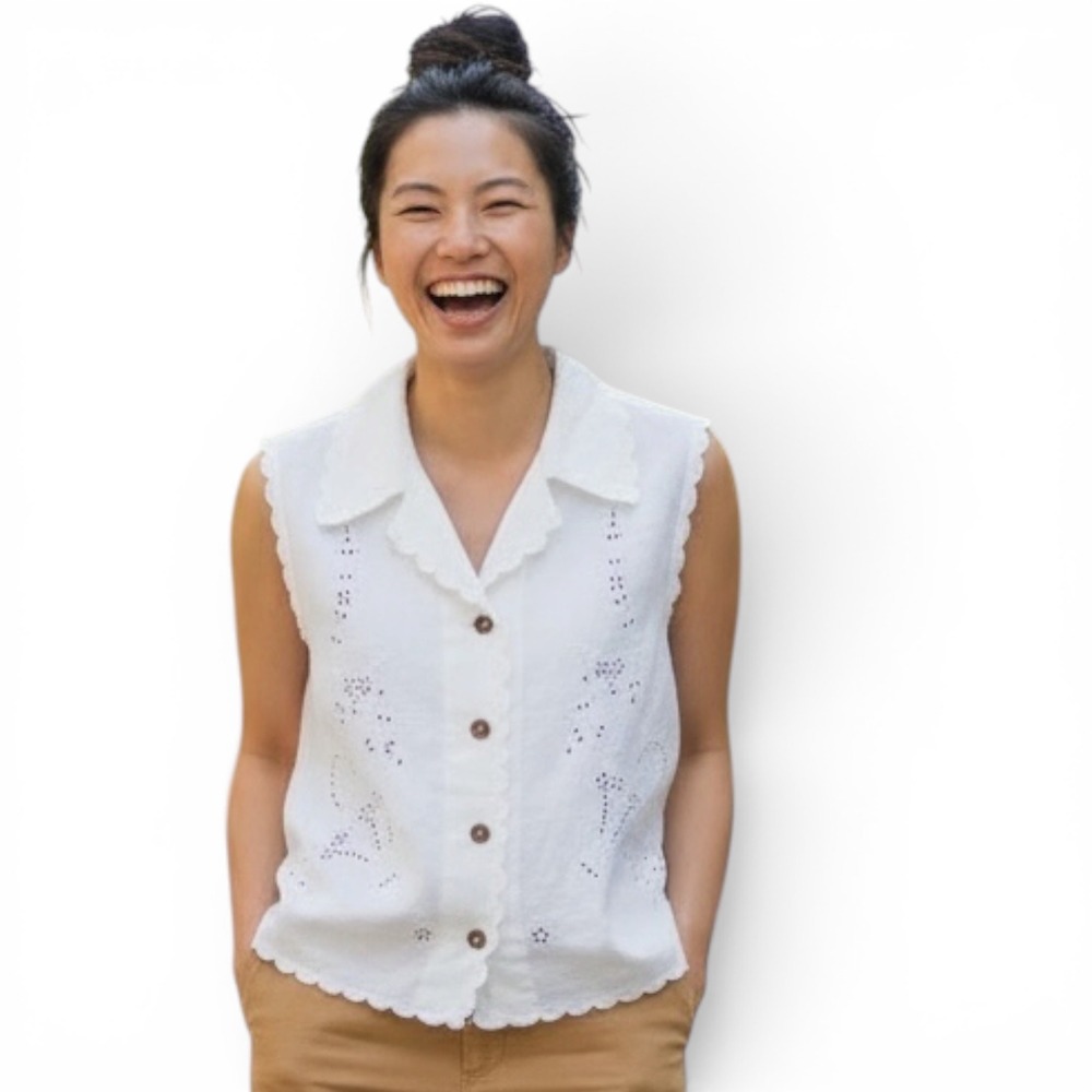 Handmade Lrg Vintage White Eyelet Embroidered Scalloped Sleeveless Button Up Top